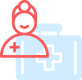 Icon of a healthcare professional outlined in red, accompanied by a blue medical bag featuring a cross symbol. The figure, resembling a vet, wears a cap with a cross, suggesting a medical context.