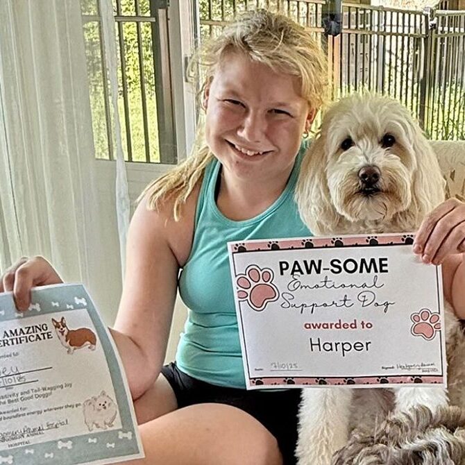 A smiling girl in a blue tank top sits beside a fluffy white dog. She holds a certificate, and the dog has a “PAW-SOME Emotional Support Dog awarded to Harper” certificate, both featuring dog illustrations.